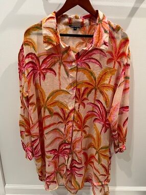 Button-Up Palm Print Beach Cover up in tropical colors Coral, Pink & Orange